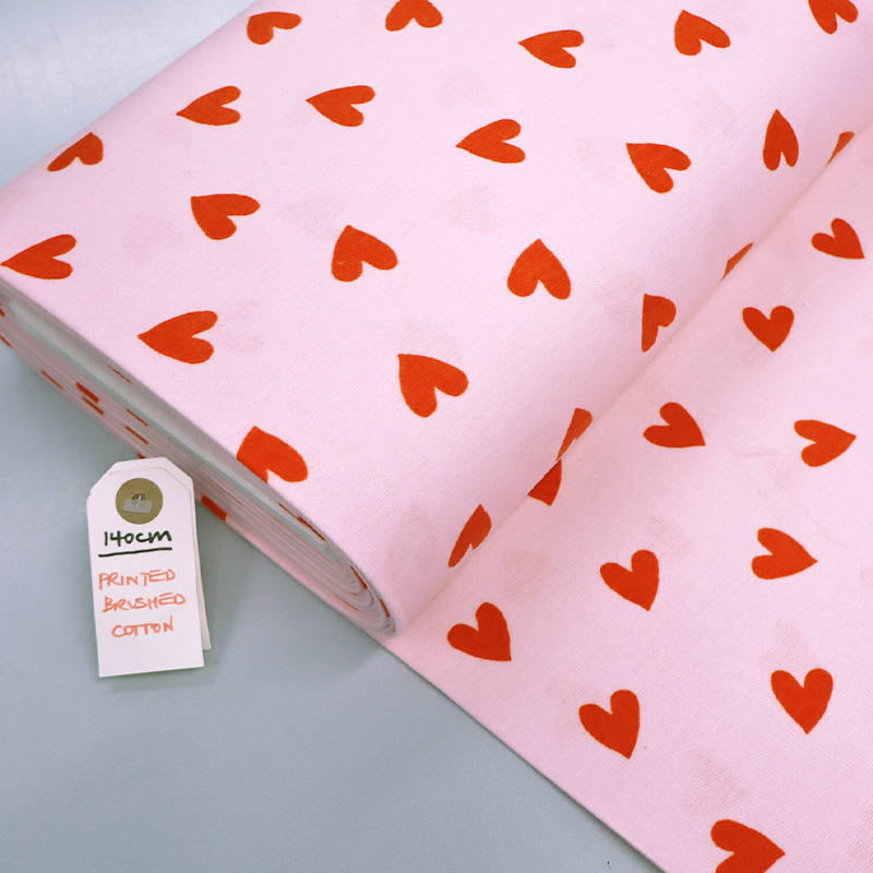 100% Cotton Brushed Cotton Fabric - Pale Pink Heart Print