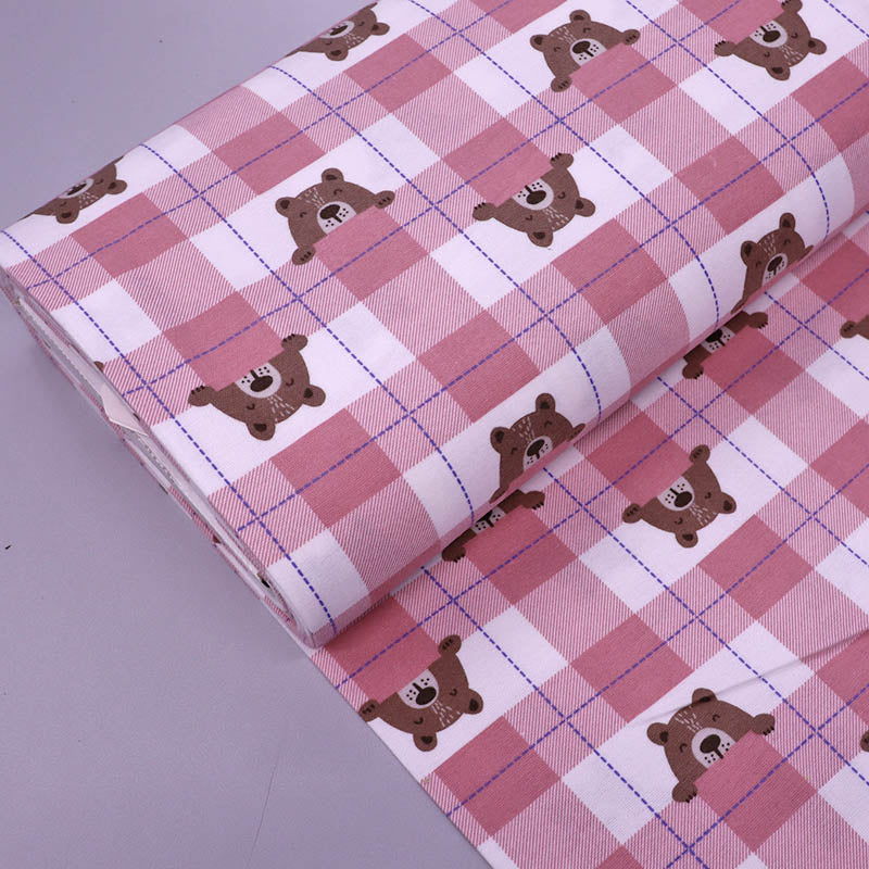 100% Cotton Brushed Cotton Fabric - Pink Check Bear Print