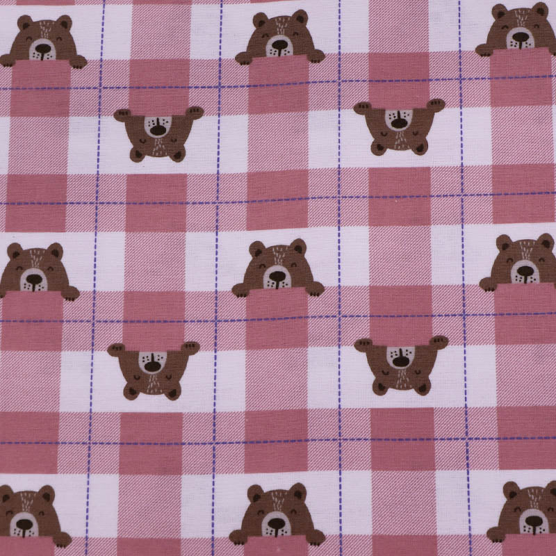 100% Cotton Brushed Cotton Fabric - Pink Check Bear Print