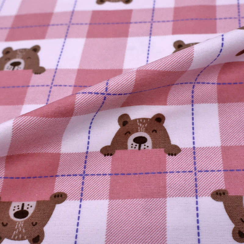 100% Cotton Brushed Cotton Fabric - Pink Check Bear Print
