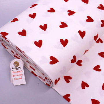 100% Cotton White Brushed Cotton Fabric - Red Heart Print