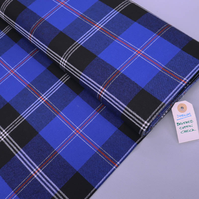 100% Cotton Brushed Cotton Check Fabric - Black and Blue