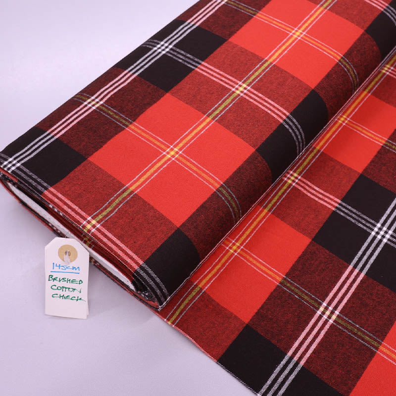 100% Cotton Brushed Cotton Check Fabric - Black and Red