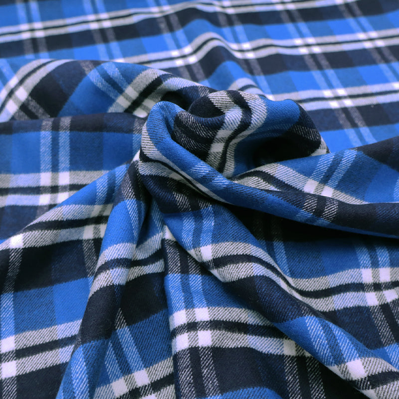 100% Cotton Brushed Cotton Check Fabric - Blue, Navy and White