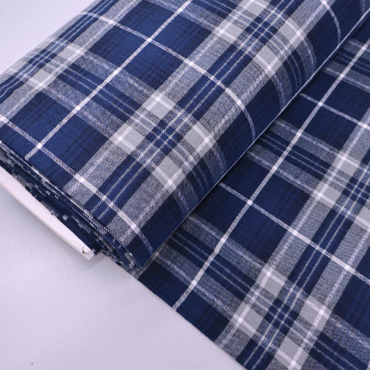 100% Cotton Brushed Cotton Fabric - Navy Blue and Grey Check