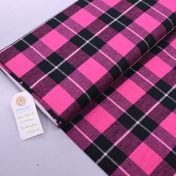 100% Cotton Brushed Cotton Check Fabric - Bright pink and Black