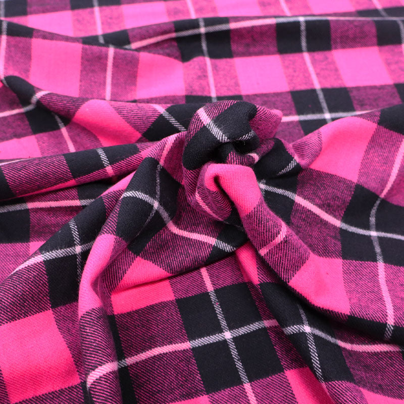 100% Cotton Brushed Cotton Check Fabric - Bright pink and Black