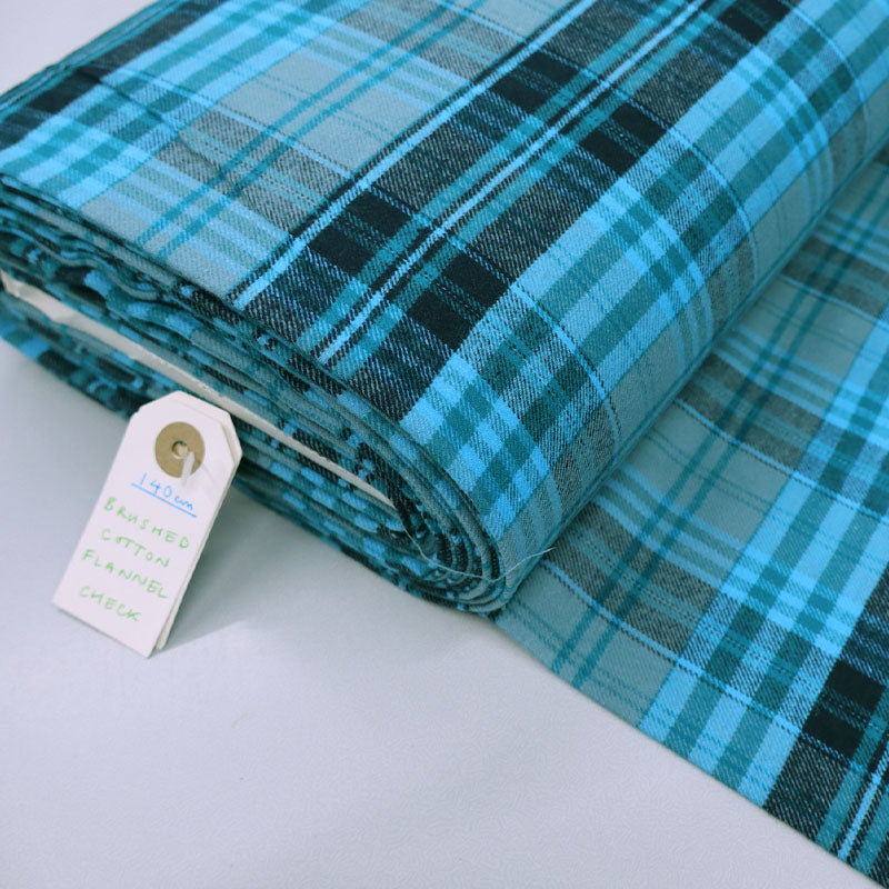 100% Cotton Brushed Cotton Flannel Fabric - Turquoise and Black Check