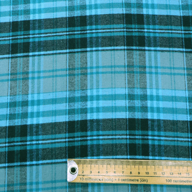 100% Cotton Brushed Cotton Flannel Fabric - Turquoise and Black Check