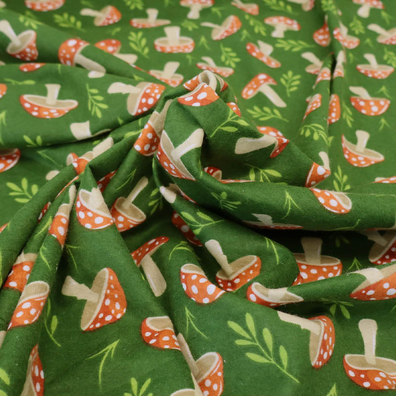 Brushed Cotton - Green - Red Toadstools