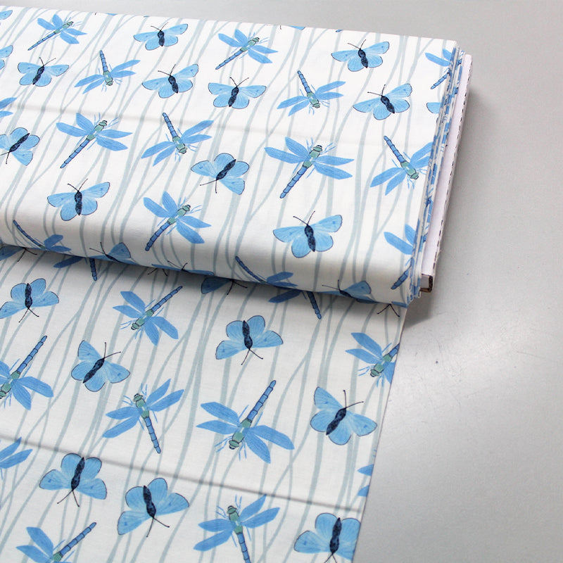 100% Organic Cotton - Blue Butterfly and Dragonfly print on white