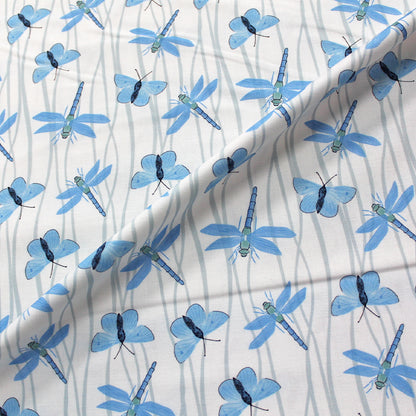 00% Organic Cotton - Blue Butterfly and Dragonfly print on white
