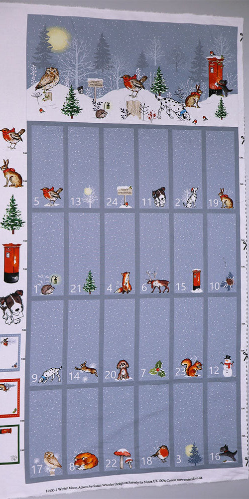 100% Cotton Grey Christmas Advent Calendar Panel Fabric with cute animals