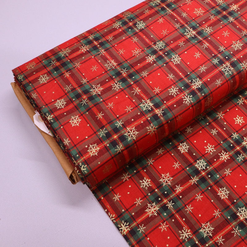 100% Cotton Christmas Red Tartan Fabric with Metallic Gold Snowflakes