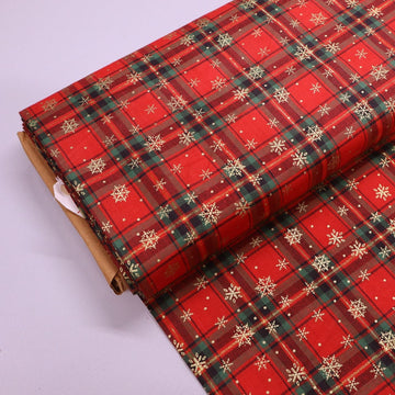 100% Cotton Christmas Red Tartan Fabric with Metallic Gold Snowflakes