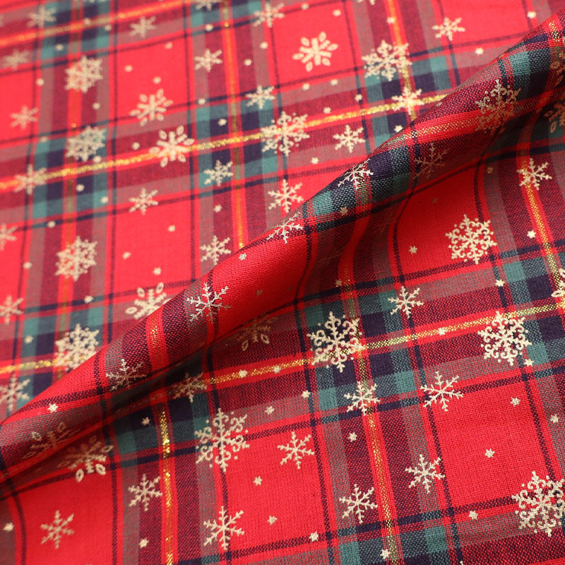 100% Cotton Christmas Red Tartan Fabric with Metallic Gold Snowflakes