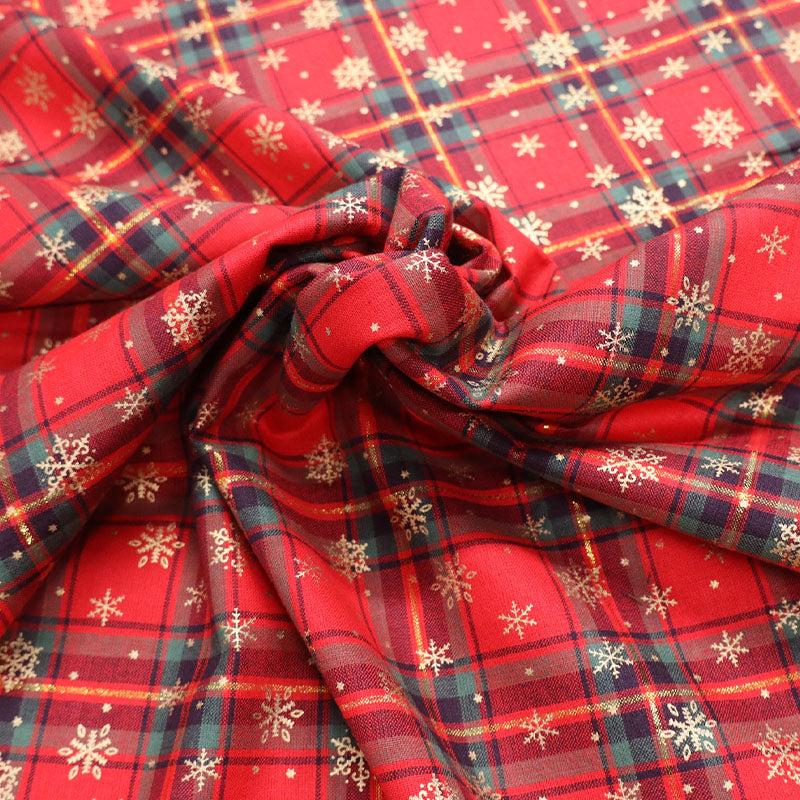 100% Cotton Christmas Red Tartan Fabric with Metallic Gold Snowflakes