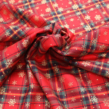 100% Cotton Christmas Red Tartan Fabric with Metallic Gold Snowflakes