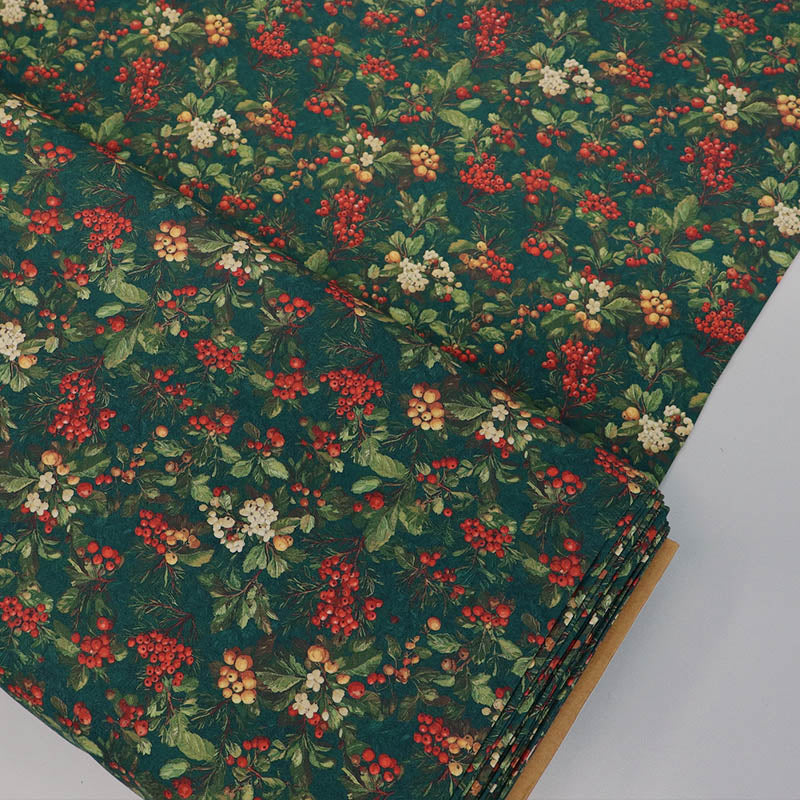 100% Cotton Green Christmas Fabric featuring winter berries in red, white and yellow on a dark green background. 