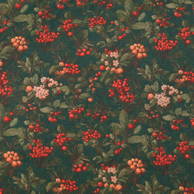 100% Cotton Green Christmas Fabric featuring winter berries in red, white and yellow on a dark green background. 