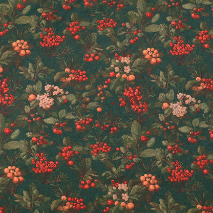 100% Cotton Green Christmas Fabric featuring winter berries in red, white and yellow on a dark green background. 