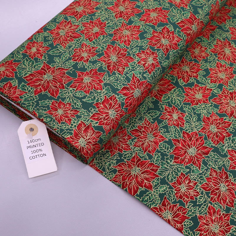 100% Cotton Red, Green and Gold Poinsettia Christmas Fabric