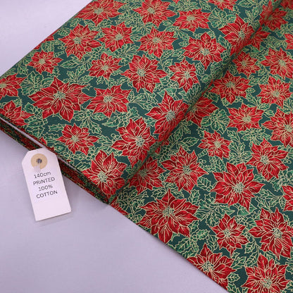 100% Cotton Red, Green and Gold Poinsettia Christmas Fabric