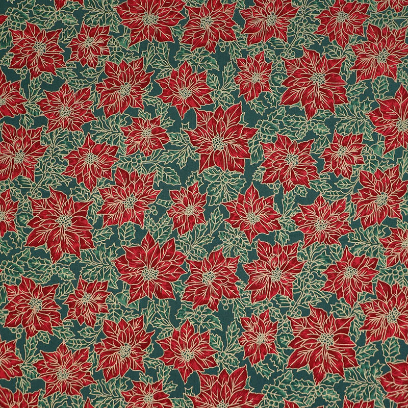 100% Cotton Red, Green and Gold Poinsettia Christmas Fabric