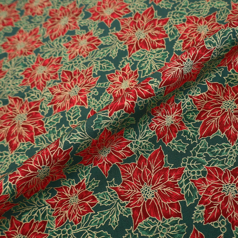 100% Cotton Red, Green and Gold Poinsettia Christmas Fabric