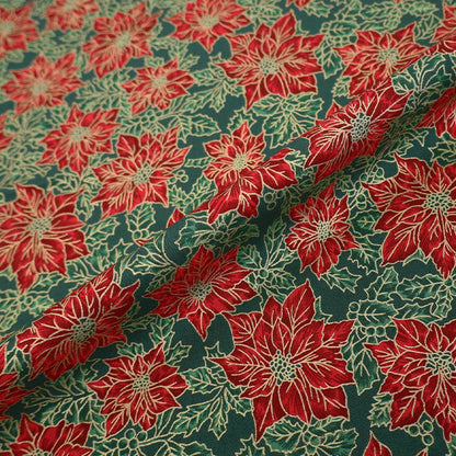 100% Cotton Red, Green and Gold Poinsettia Christmas Fabric