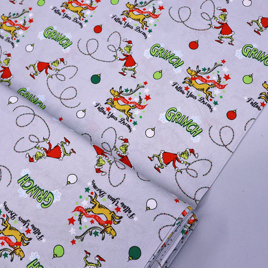 100% Cotton Grey Christmas Cotton Fabric - Grinch Print