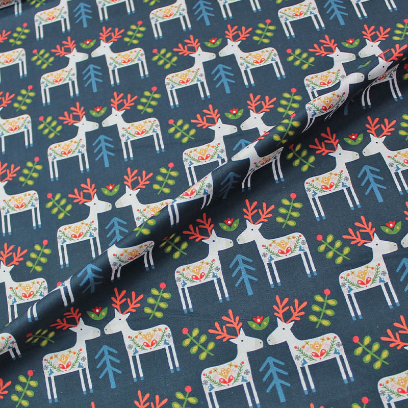 Teal Blue Christmas fabric modern reindeer print