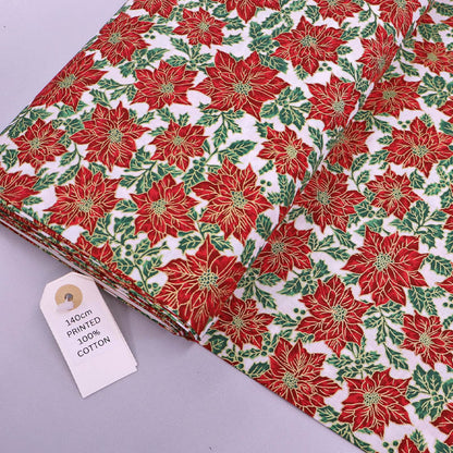 100% Cotton White, Red and Green Poinsettia Christmas Fabric