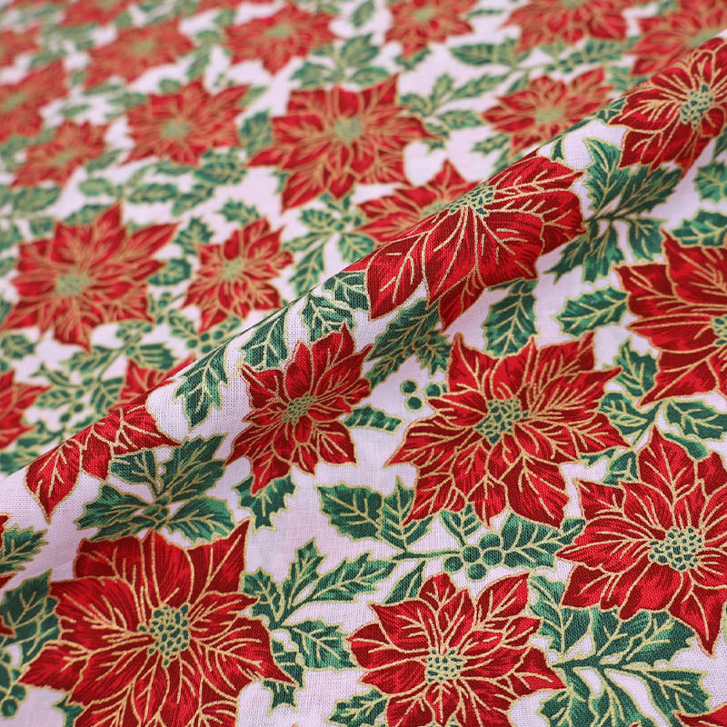 100% Cotton White, Red and Green Poinsettia Christmas Fabric