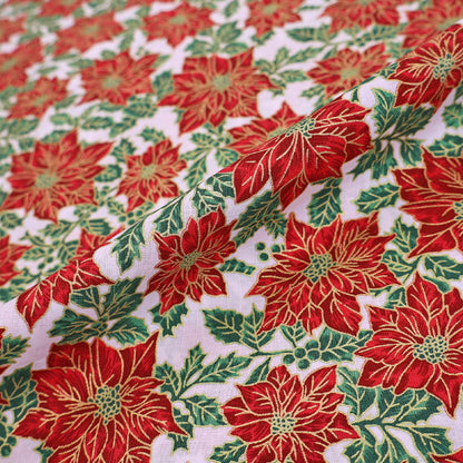 100% Cotton White, Red and Green Poinsettia Christmas Fabric