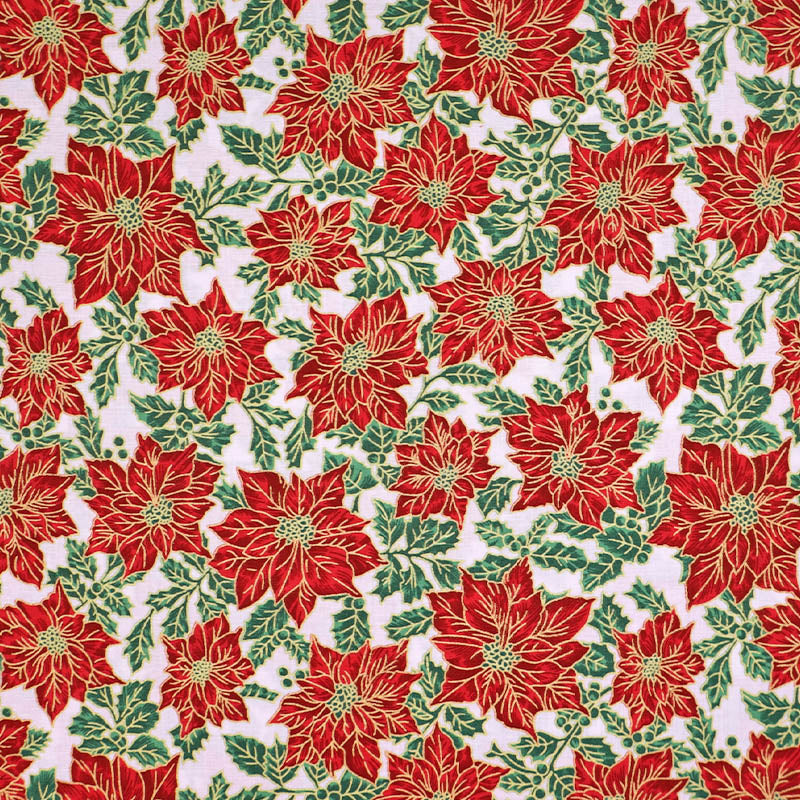 100% Cotton White, Red and Green Poinsettia Christmas Fabric