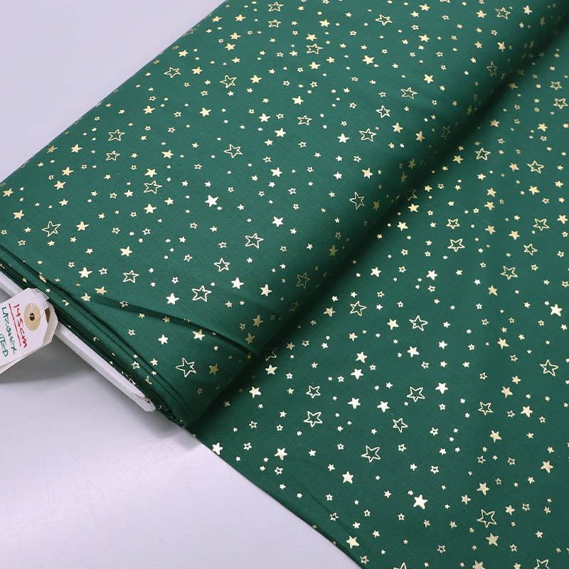 100% Cotton Green Cotton Christmas Fabric - Gold Star Print