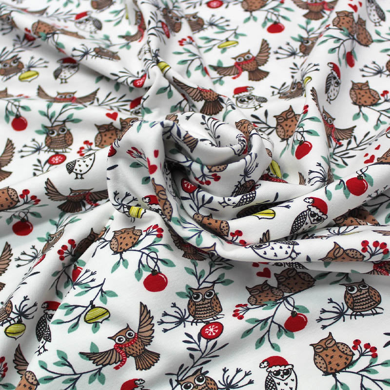 95% Cotton 5% Elastane   White Christmas Jersey Fabric - Owls