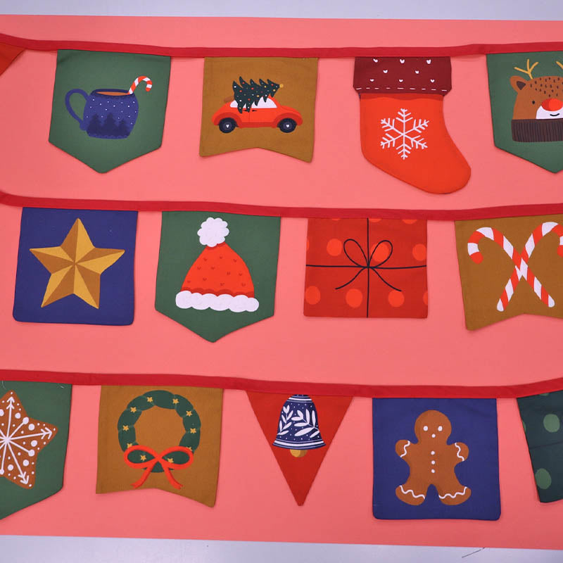 100% Cotton Poplin Christmas Bunting Panel Fabric - Navy and Multicoloured makes 24 flags