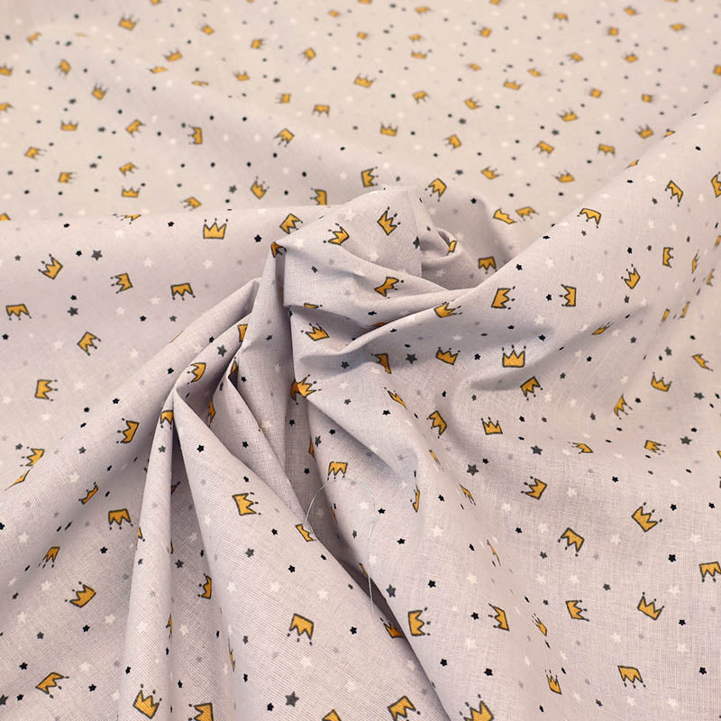100% Cotton Pale Grey Cotton Children's Fabric - Gold Crowns