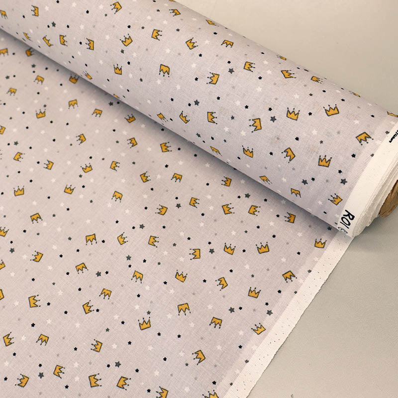100% Cotton Pale Grey Cotton Children's Fabric - Gold Crowns