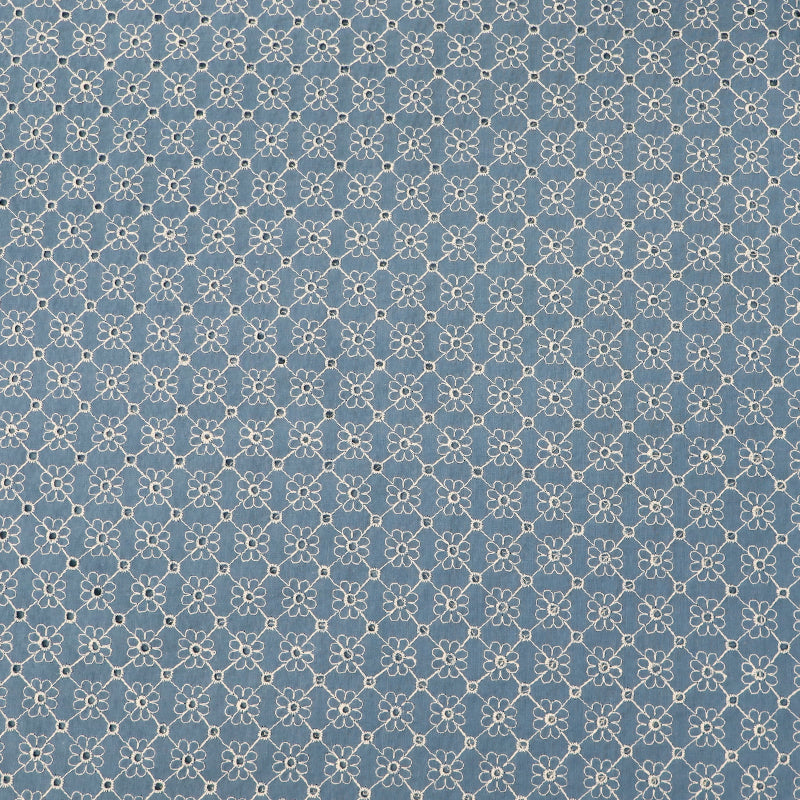 100% cotton Floral Broderie Anglaise Fabric - Denim Blue