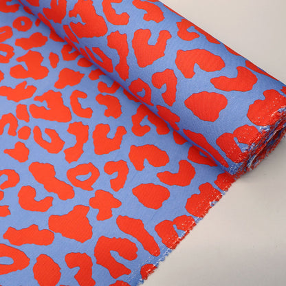 Cotton Canvas - Blue and Bright Red - Leopard Print