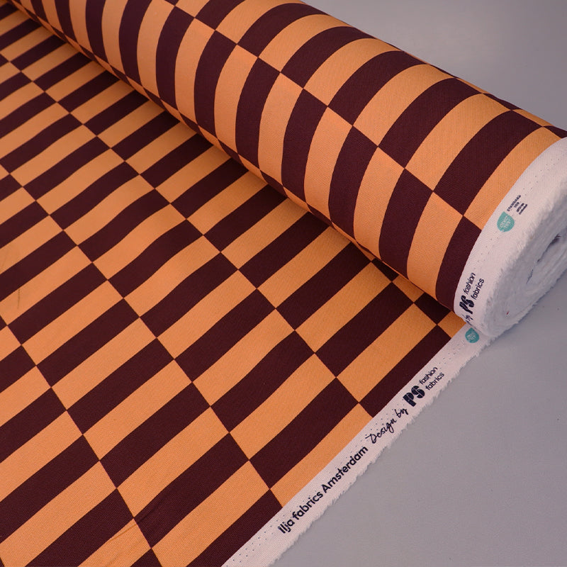 Cotton Canvas Fabric - Brown and Orange Geometric Pattern