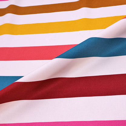 100% Cotton Multicolour Striped Canvas Fabric with bold stripes of white, yellow, coral pink, burgundy and blue