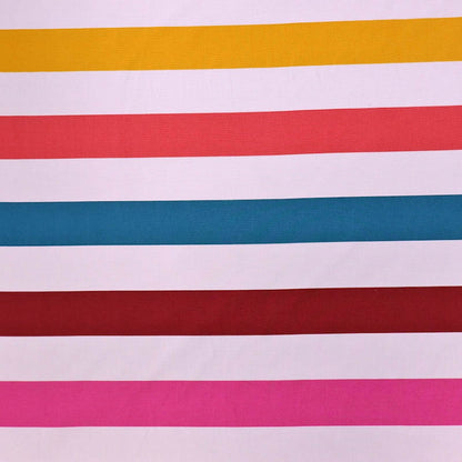 100% Cotton Multicolour Striped Canvas Fabric with bold stripes of white, yellow, coral pink, burgundy and blue
