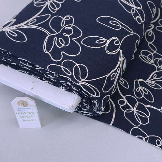 100% Cotton Navy Double Gauze Fabric - White Floral Embroidery