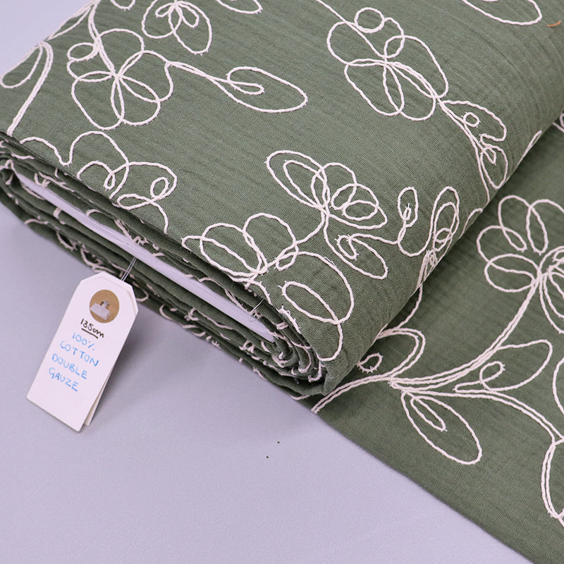 100% Cotton Embroidered Double Gauze Fabric - Green