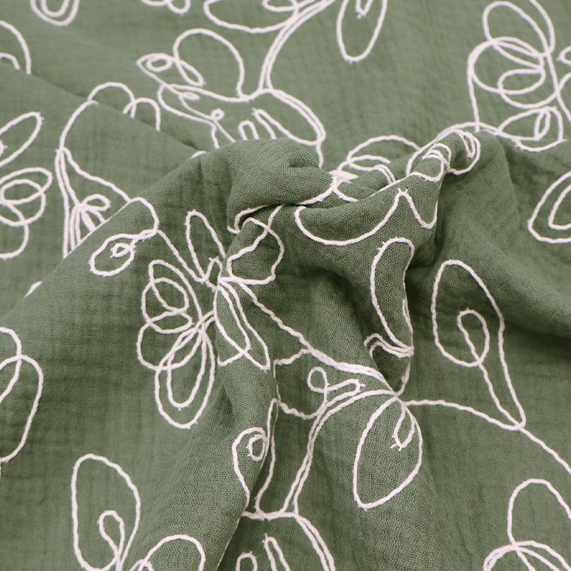100% Cotton Embroidered Double Gauze Fabric - Green