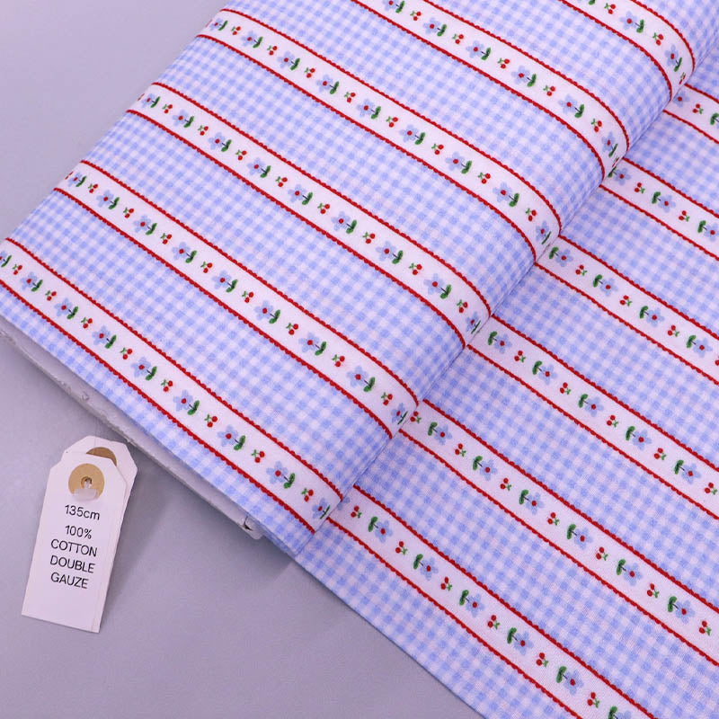100% Cotton Blue Double Gauze Fabric -Small Blue Gingham with bands of tiny blue flowers